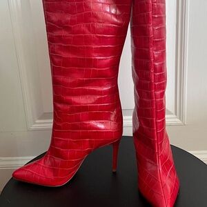 Schutz Red Croc-Embossed Knee-High Boots